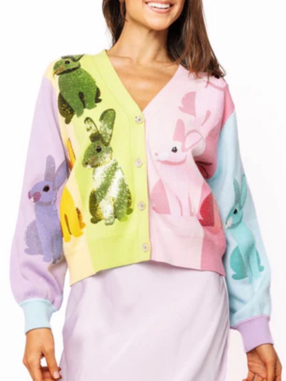 QOS Queen of Sparkles Rainbow Easter Bunny Cardigan